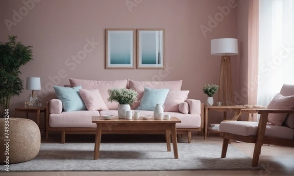 Fototapeta Living room with pink sofa and wooden coffee table, 3d render