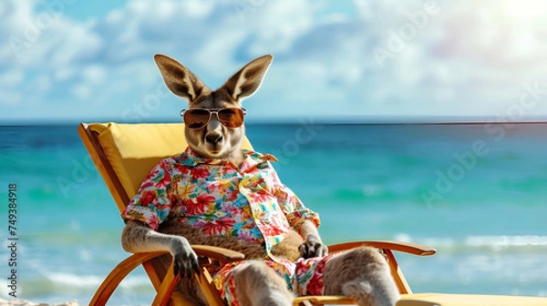 Fototapeta Humanized Cute cartoon kangaroo in Hawaiian shirt on sunbed against ocean and palm trees. Advertisement. Creative animals portrait. Concept of vacation in resort hotel, tourism. AI Generative