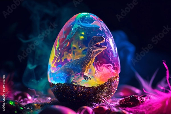 Fototapeta Neon Dragon Dinosaur egg with egg shells from multi-colored liquids, glitter, sequins and glowing crystals. With baby dinosaur inside. Generative AI