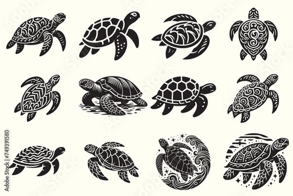 Obraz Sea turtle Silhouette Vector Illustration Set