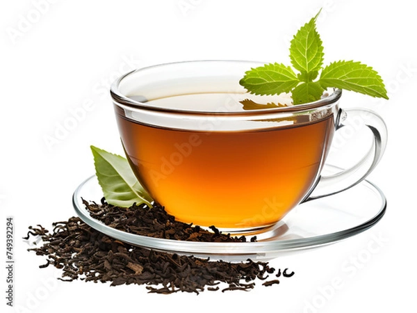 Fototapeta a cup of tea in a saucer serving with tea leaves and some cloves 