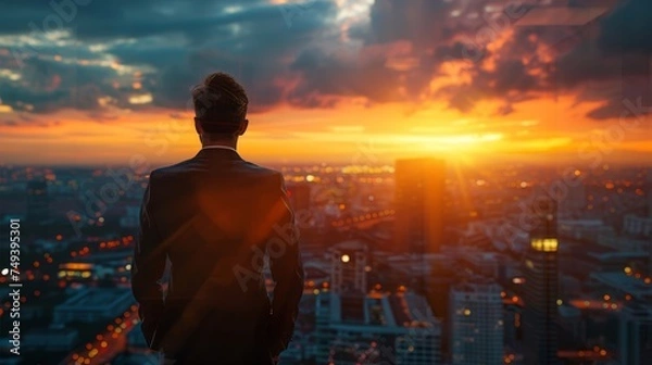 Fototapeta Back view of a contemplative businessman gazing at a vibrant urban sunset from a high-rise building.