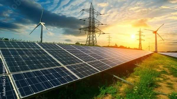 Fototapeta Electric energy in nature with solar panels, clean energy turbines and high voltage poles..