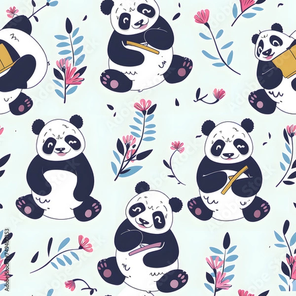 Obraz Seamless pattern with cute funny pandas flat style, vector illustration