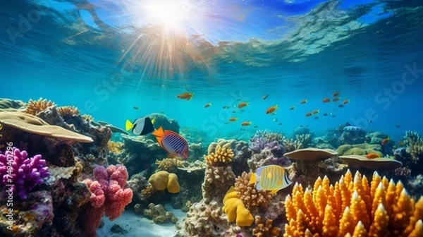Obraz Tropical Fish and Coral Reef in Sunlight