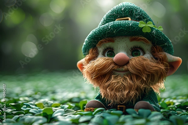 Fototapeta Saint Patrick's Day Celebration. An animated cartoon character wearing Leprechaun Green Shamrocks, St. Patrick's Day concept. 3d rendering. Happy holiday.