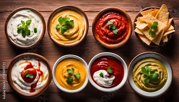 Fototapeta bowls of various dip sauces on wooden background, top view with copy space
