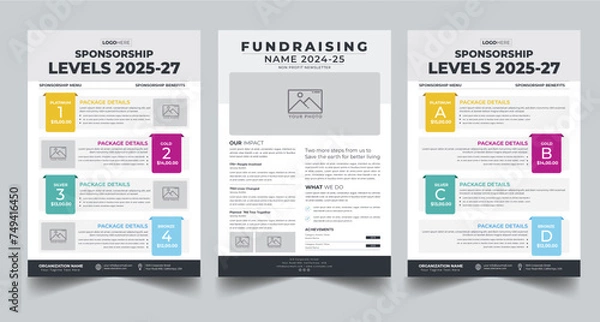 Fototapeta Nonprofit Event Sponsorship Levels Fundraising Flyers design template with 3 style layout