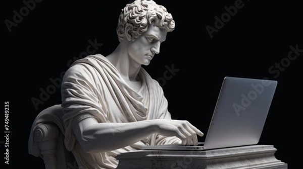 Fototapeta Antique statue of a man holding a computer. Male Classic Greek and Roman statue with modern gadgets