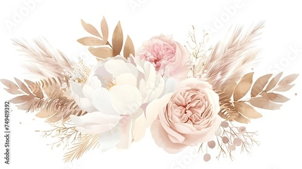 Fototapeta Modern beige and blush trendy vector design banner. Pastel pampas grass, fern, white peony, pale magnolia, ranunculus, pink rose. Watercolor brush texture.Wedding boho card. Isolated. Generative Ai