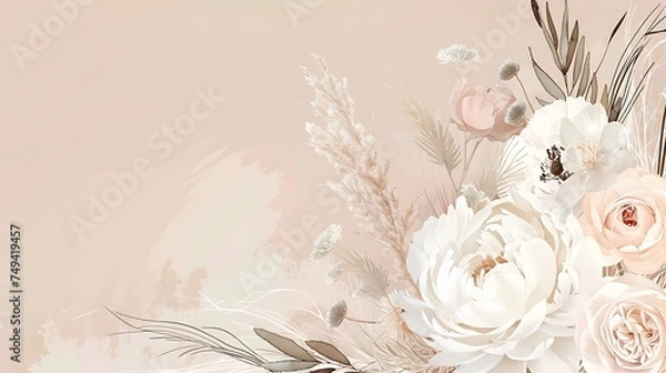 Obraz Modern beige and blush trendy vector design banner. Pastel pampas grass, fern, white peony, pale magnolia, ranunculus, pink rose. Watercolor brush texture.Wedding boho card. Isolated. Generative Ai