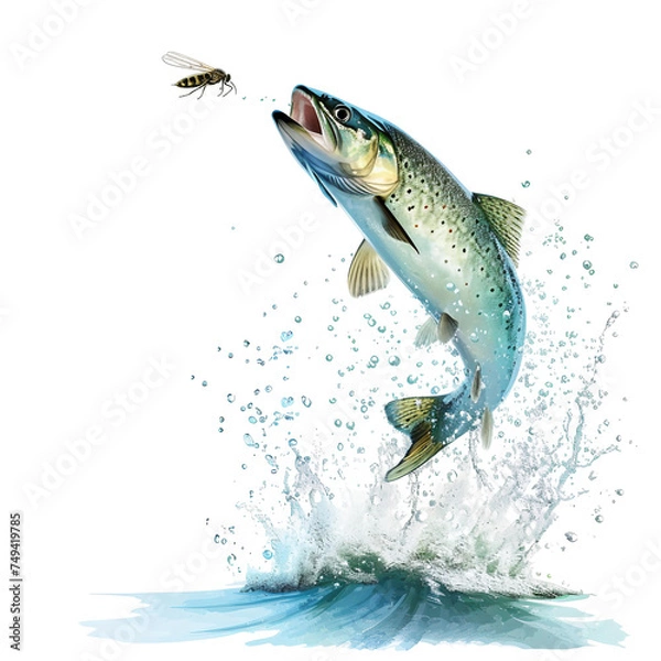 Fototapeta Fish leaping out of the water to catch an insect - isolated on a white background 