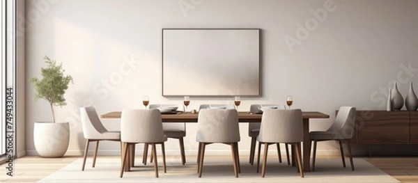 Fototapeta The dining room features a sleek table and matching chairs. The modern mock-up poster frame adds a contemporary touch to the interior. The room is tastefully decorated and inviting for a meal or