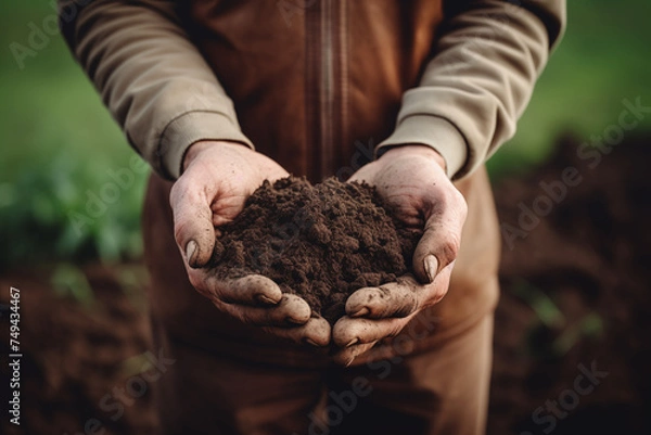 Fototapeta Farmer hands touching soil at close range. Male hands touching soil in field. Agricultural, horticultural or ecological concept.