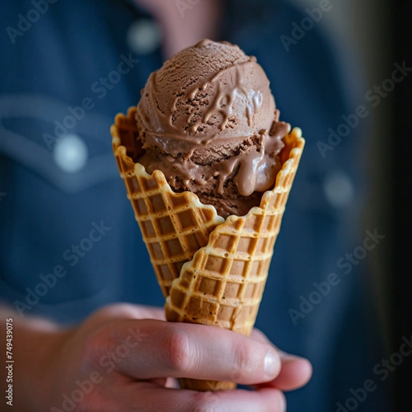 Fototapeta Hand holding a chocolate waffle cone with an ice cream scoop, iso 200 style, elongated flowing lines