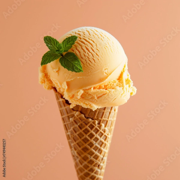 Fototapeta Mandarin ice cream isolated on a clean background - ice cream, cone, waffle cone 