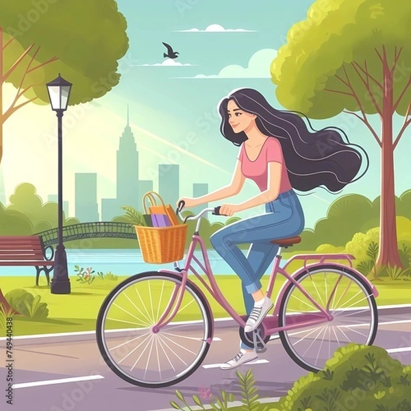Fototapeta A colorful flat-style illustration of a woman riding a bicycle in the park in summer.