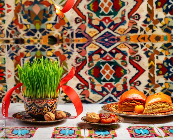 Fototapeta Novruz table setting with green samani wheat grass with red ribbon, dried fruits, sweet pastry and candles. Ethnic motives carpet in background, new year spring celebration in Azerbaijan, copy space