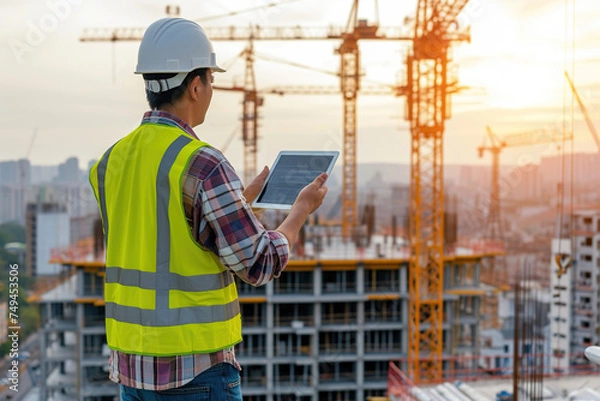 Fototapeta architect in white helmet and yellow vest standing on the roof on construction site with cranes