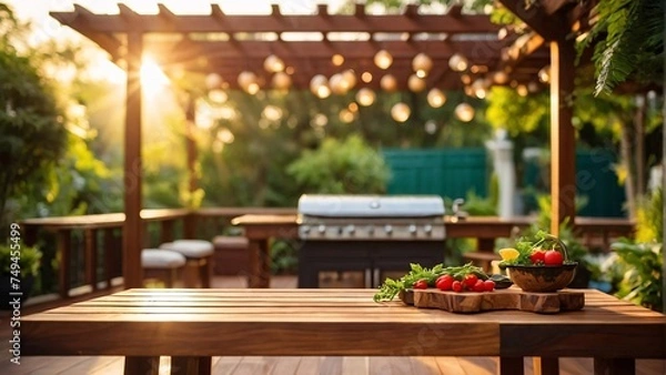 Fototapeta luxury wooden teak deck with BBQ grill and decor furniture. Side view of a wooden pergola in green garden with a sun flares in the background.