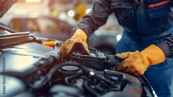 Obraz Automotive technicians close up installing a hyper efficient battery into a sleek electric vehicle