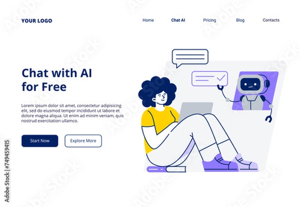 Fototapeta A woman communicates with an AI assistant on a laptop. Chatbot helps in work and study. Vector flat illustration for web page, banner, or promo.
