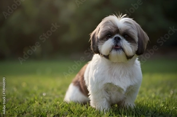 Fototapeta cute shih tzu puppy dog on green grass