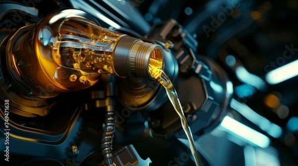 Obraz Refueling and Oil Change: Quality oil pour into car engine and gear transmission. Energy concept.