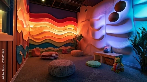 Fototapeta Sensory-Friendly Spaces: Designed for sensory sensitivities with quiet areas, calm corners, pastel colors, and rooms with soothing lights and textures.