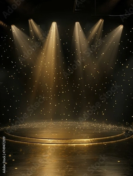 Fototapeta Close-up of stage, an illuminated black and gold background with a spotlight, highlighting fine, realistic details.