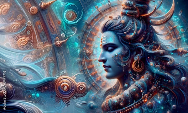 Obraz Lord shiva Generative AI Hindu god, Realistic Close-Up Hindu God Shiva in Magical lights.