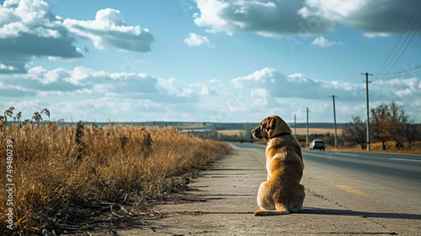 Obraz A sad dog sits near the road and looks into the distance at a driving car. The Labrador dog is lost and is waiting for its owner. Homeless animals concept