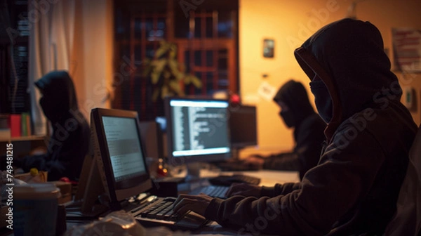 Fototapeta In the subdued lighting of a closed, dark office, figures clad in balaclavas are engrossed in their work, the faint glow of computer screens reflecting off their obscured faces as