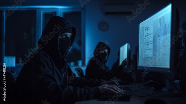Fototapeta In the subdued lighting of a closed, dark office, figures clad in balaclavas are engrossed in their work, the faint glow of computer screens reflecting off their obscured faces as