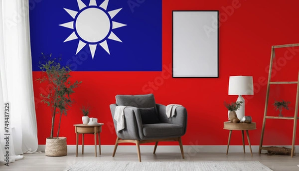 Fototapeta Medicine and healthcare concept Taiwan flag on the wall in the interior of the room. Concept of buying and selling real estate, mortgages in the Taiwan