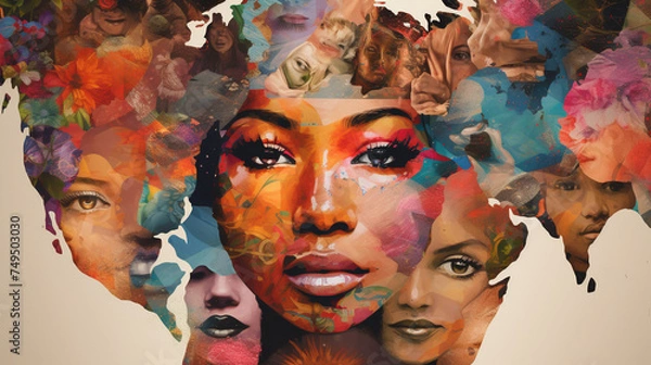 Fototapeta A colorful painting of many faces, generative ai