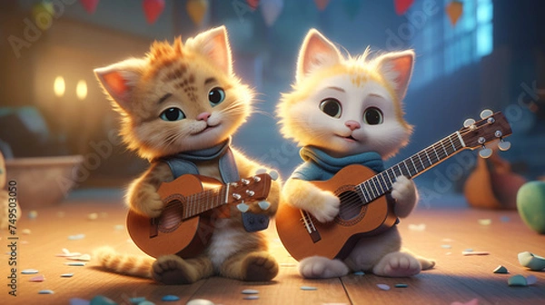 Fototapeta Two cats are playing a guitar together, generative ai
