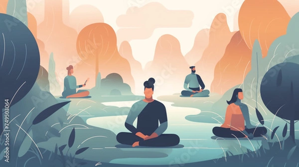 Fototapeta A group of people are sitting in a field, meditating - generative ai