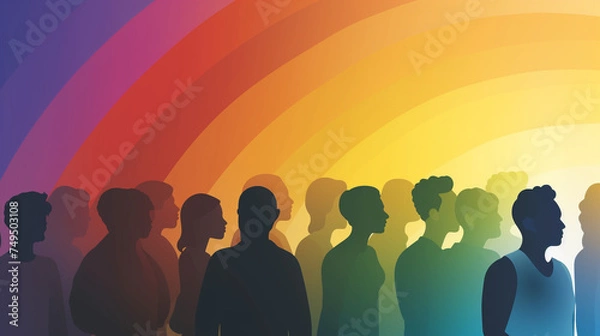 Fototapeta A group of people are standing in a rainbow line, generative ai