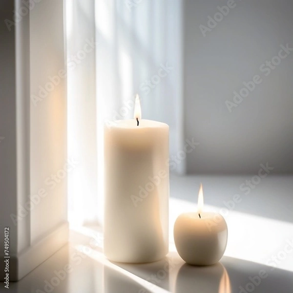 Fototapeta Two white candles on a windowsill with sunlight
