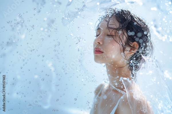 Obraz 水しぶきを浴びる女性、保湿、乾燥対策、水分補給のイメージ