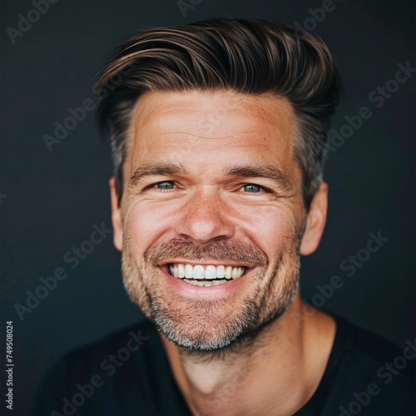 Obraz Studio portrait of a man smiling. Advertisement for dental, business, studio, etc.
