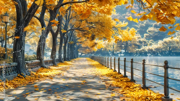 Obraz Autumn Stroll: Golden Trees Along Park Path, Natures Palette in Seasonal Splendor
