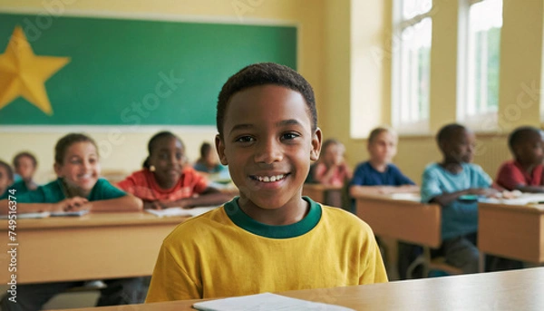 Fototapeta “A young schoolboy, full of enthusiasm, sits at his desk in a vibrant classroom. His smile radiates the joy of learning. The classroom, filled with light and fellow students.
