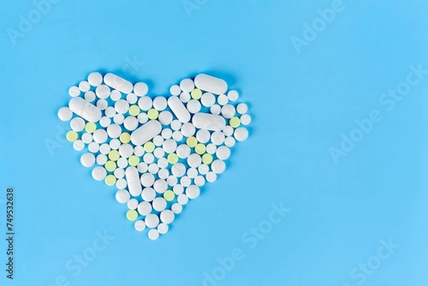 Obraz A heart made of different pills on a blue paper background