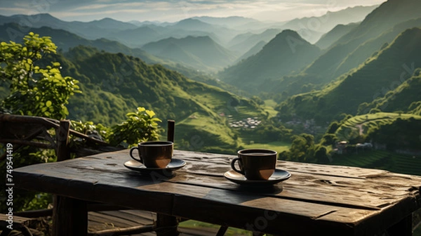 Fototapeta Two cups of coffee on a table with beautiful mountview in background
