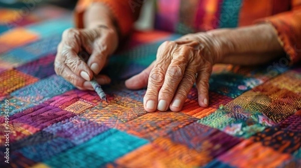 Obraz an artist's hands meticulously arranging fabric pieces on a patchwork canvas, with each patch carefully chosen and placed to create a harmonious composition