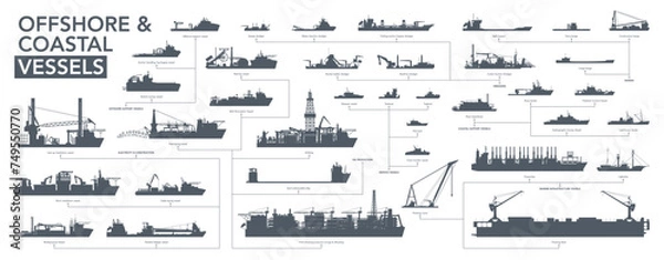 Obraz Offshore and coastal vessels icon set. Offshore and coastal ships silhouette on white. Vector illustration