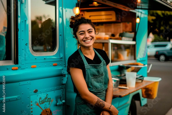 Obraz smiling food vendor standing in front of an open food truck