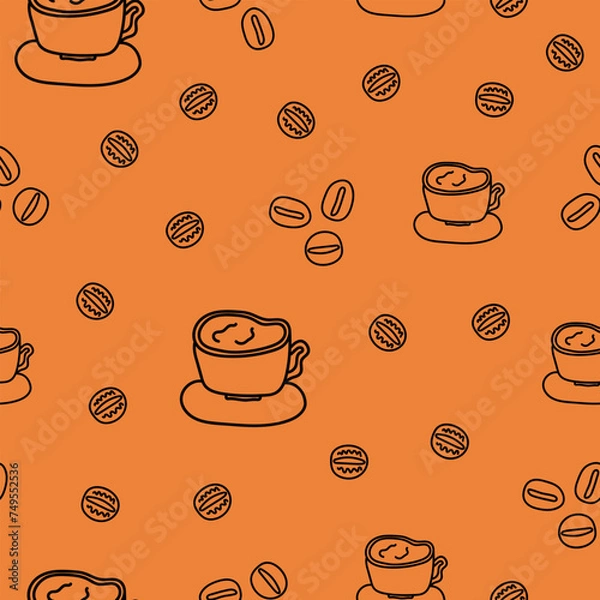 Fototapeta Seamless pattern on a coffee theme with a cup and coffee beans in doodle style on an orange background